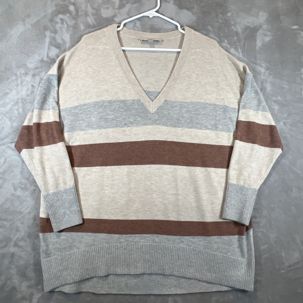 LOFT Sweater Striped V-Neck Oversized Beige Brown Gray Soft Womens Size Large